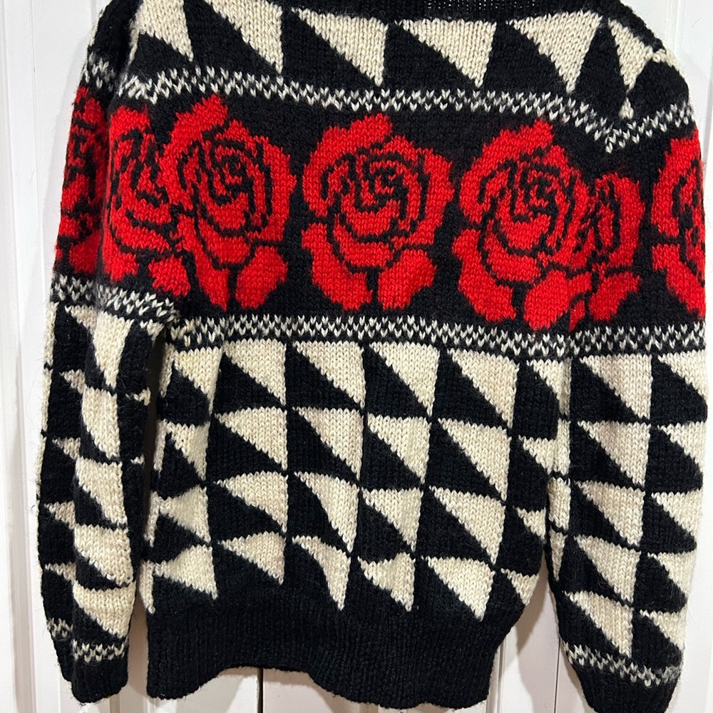 Vintage Halston Heritage Black and Red Rose 100% Wool Sweater